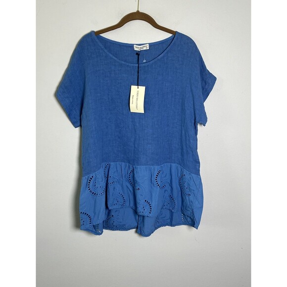 Terzo Millennio Tops - Terzo Millennio Blouse Women’s‎ Small Blue LINEN ITALY Floral Embroidery Shirt